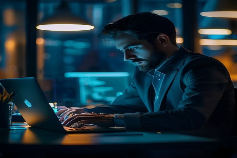 Employees collaborating in a modern office with security reminders on screens