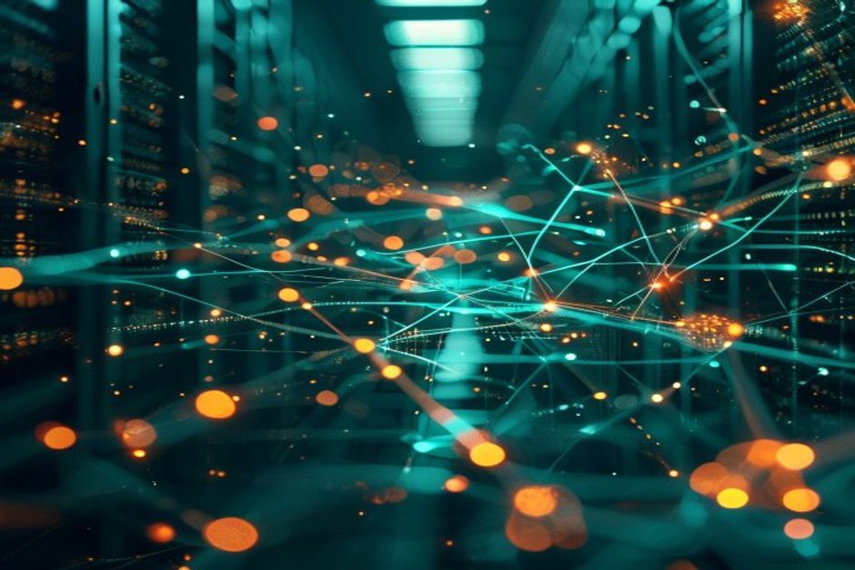Abstract visualization of interconnected AI model components and data provenance