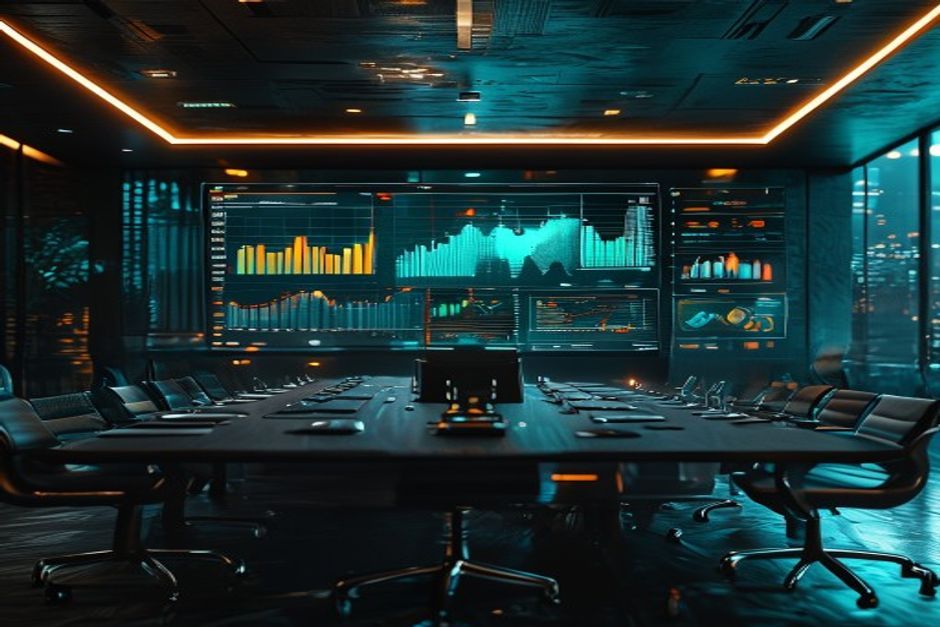 Executive reviewing a security performance dashboard in a boardroom